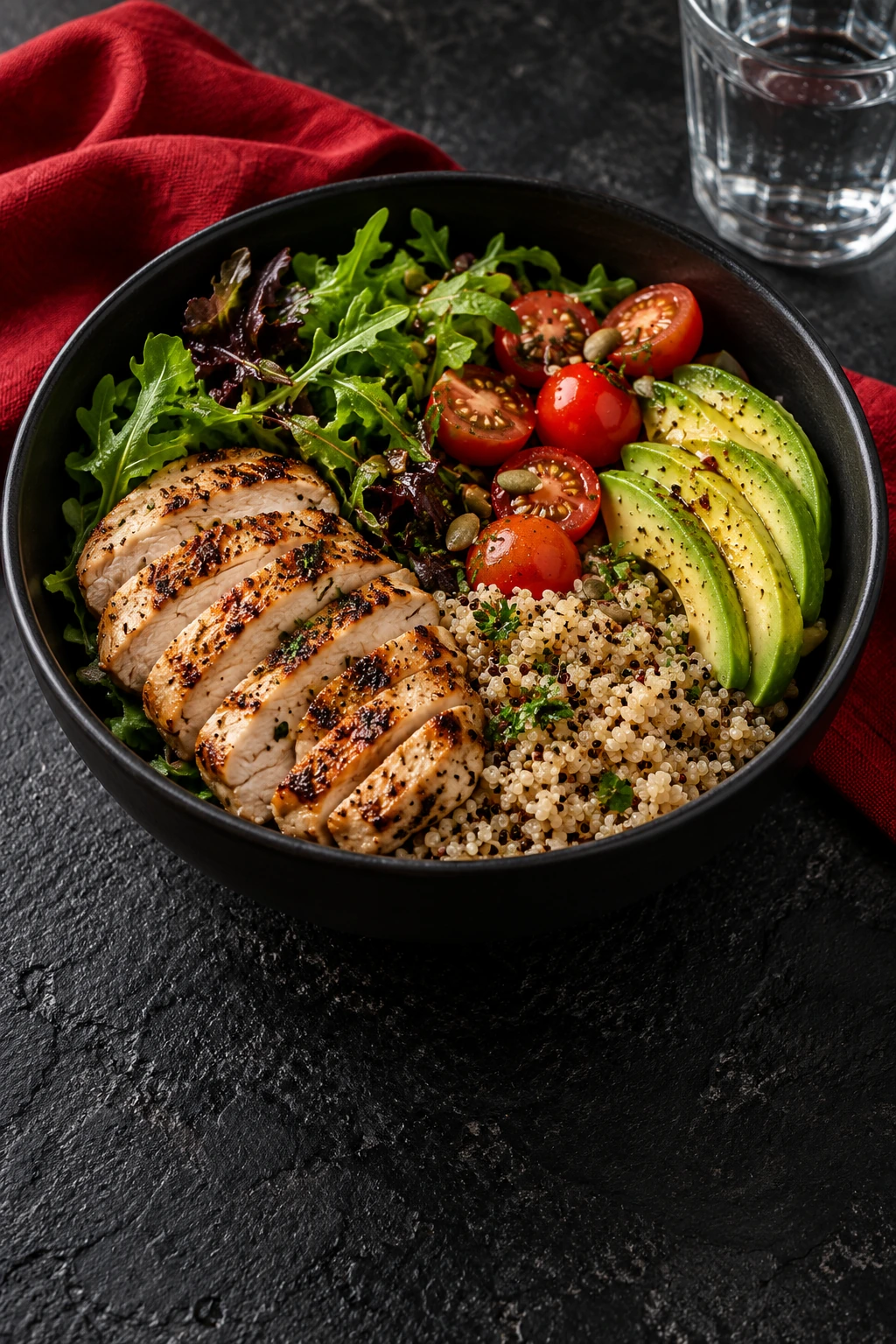 Imagen editorial de un bol con pollo, quinoa, aguacate y verduras, ilustrativa del servicio de nutrición